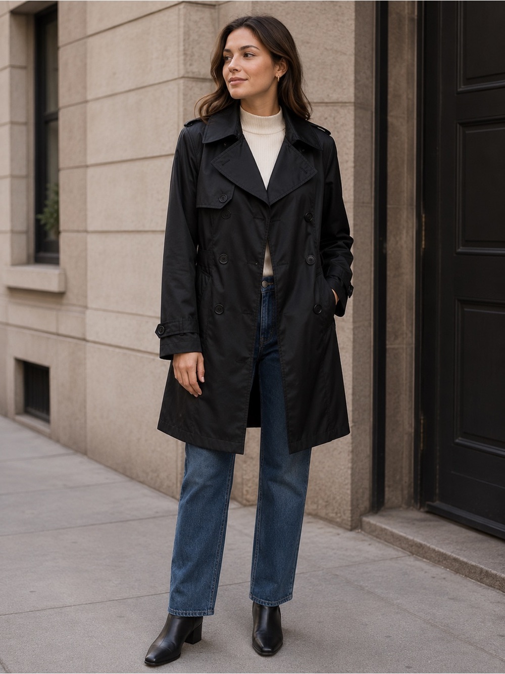 Atmosphere Classic Black Trench Coat Size S Minimalist Double Breasted Fall